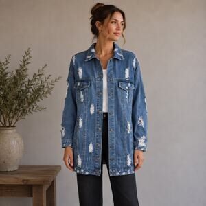 Thirty 6 Point 5 Blue Denim Distressed Long Line Jacket Small